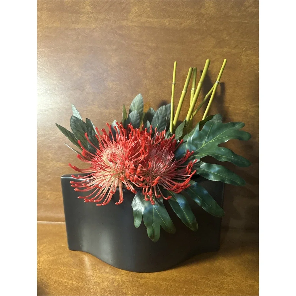 Protea Asian Inspired Tropical silk flowers Red/Orange Artificial in Black Plant