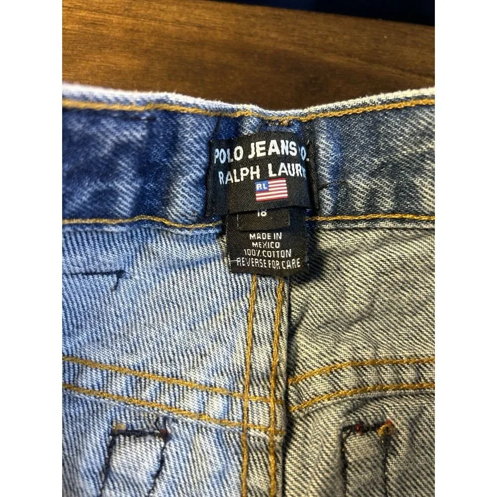 Vintage Polo Jeans Ralph Lauren Kids Size 18 Blue Wide Leg Jeans USA Flag Patch