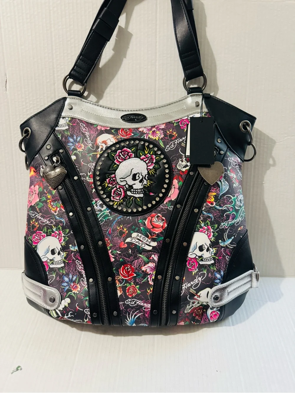 Ed Hardy embellished Black Floral Skull Tote Bag BNWT
