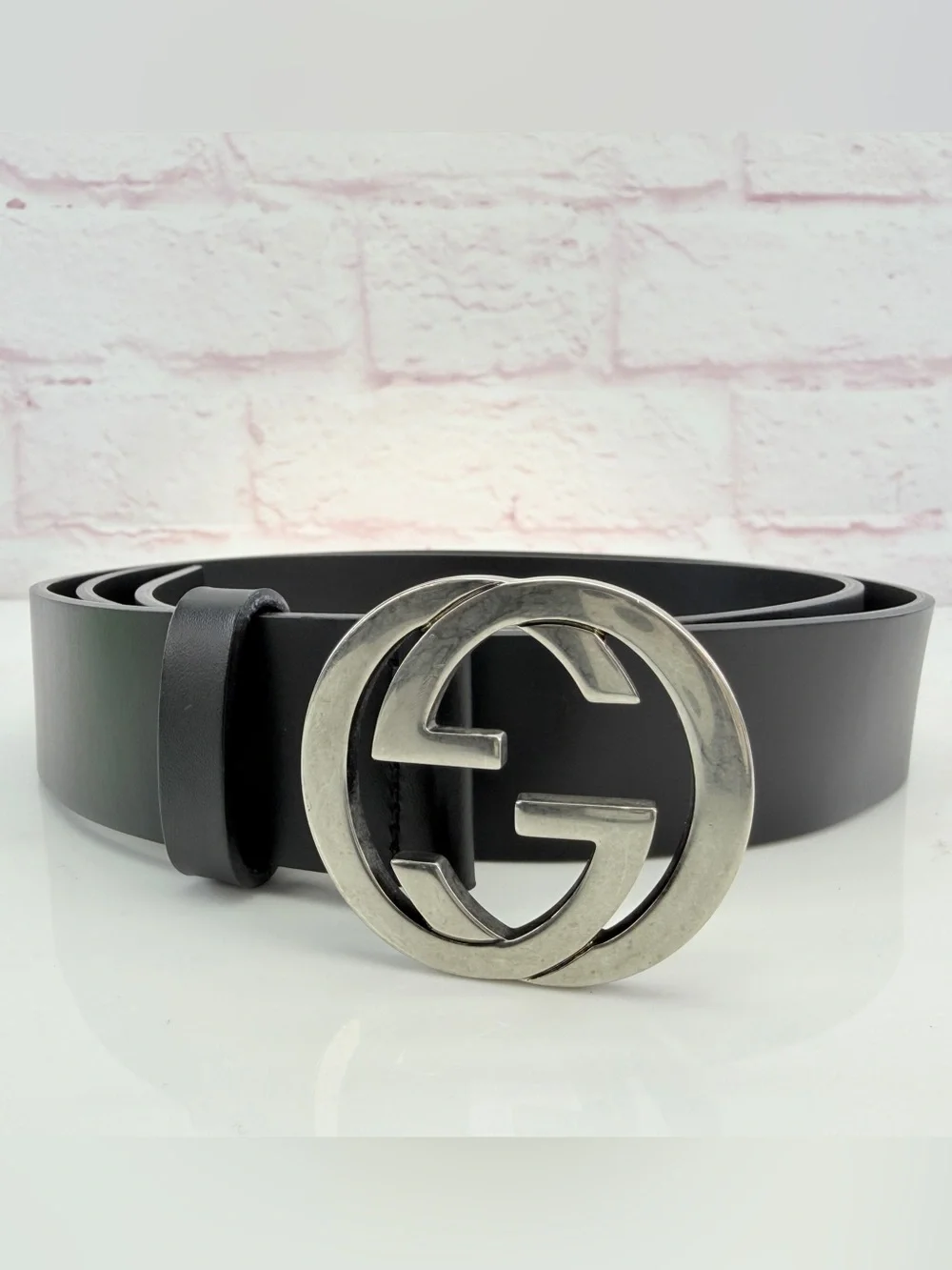 Gucci Interlocking Gg Black Leather Belt Silver Hardware 368186 115/46”