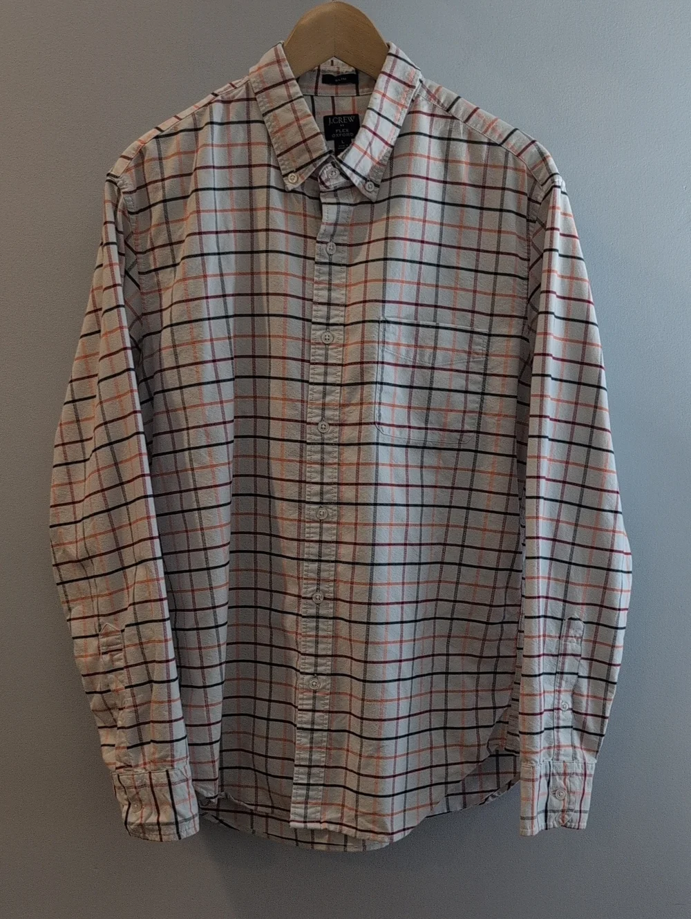 J. Crew Mens L Slim Flex Oxford Long Sleeve Button Down Plaid Shirt Style #AD163