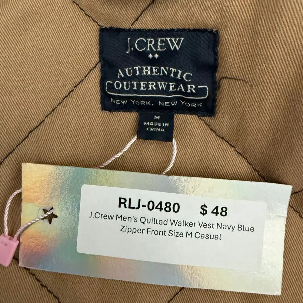 J.Crew Men's Quilted Walker Vest Navy Blue Zipper Front Size M Casual