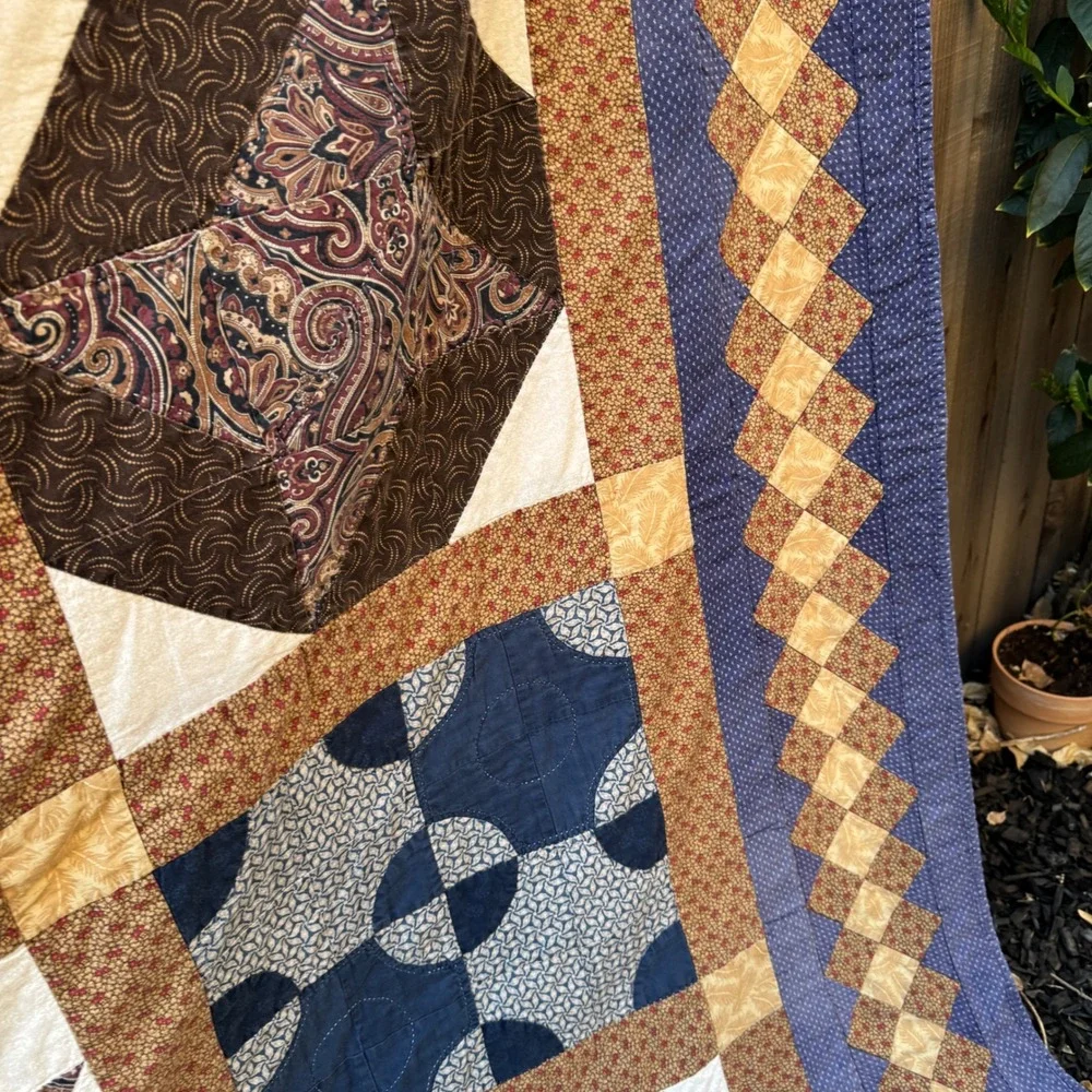 Vintage Patchwork Sampler Quilt Blanket Blue Brown Cotton Star Paisley Americana