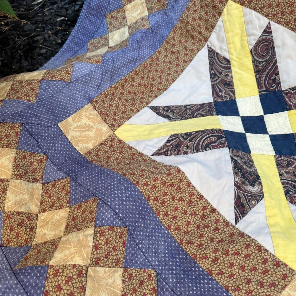 Vintage Patchwork Sampler Quilt Blanket Blue Brown Cotton Star Paisley Americana