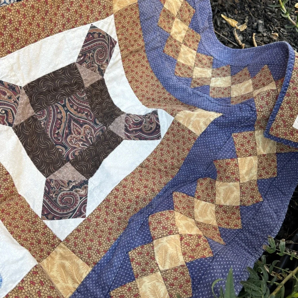 Vintage Patchwork Sampler Quilt Blanket Blue Brown Cotton Star Paisley Americana