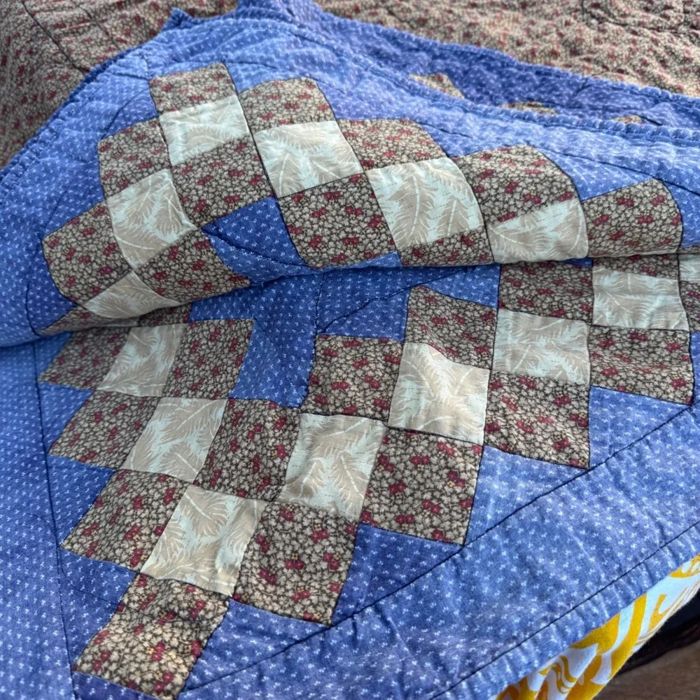 Vintage Patchwork Sampler Quilt Blanket Blue Brown Cotton Star Paisley Americana