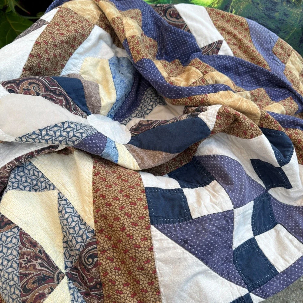 Vintage Patchwork Sampler Quilt Blanket Blue Brown Cotton Star Paisley Americana