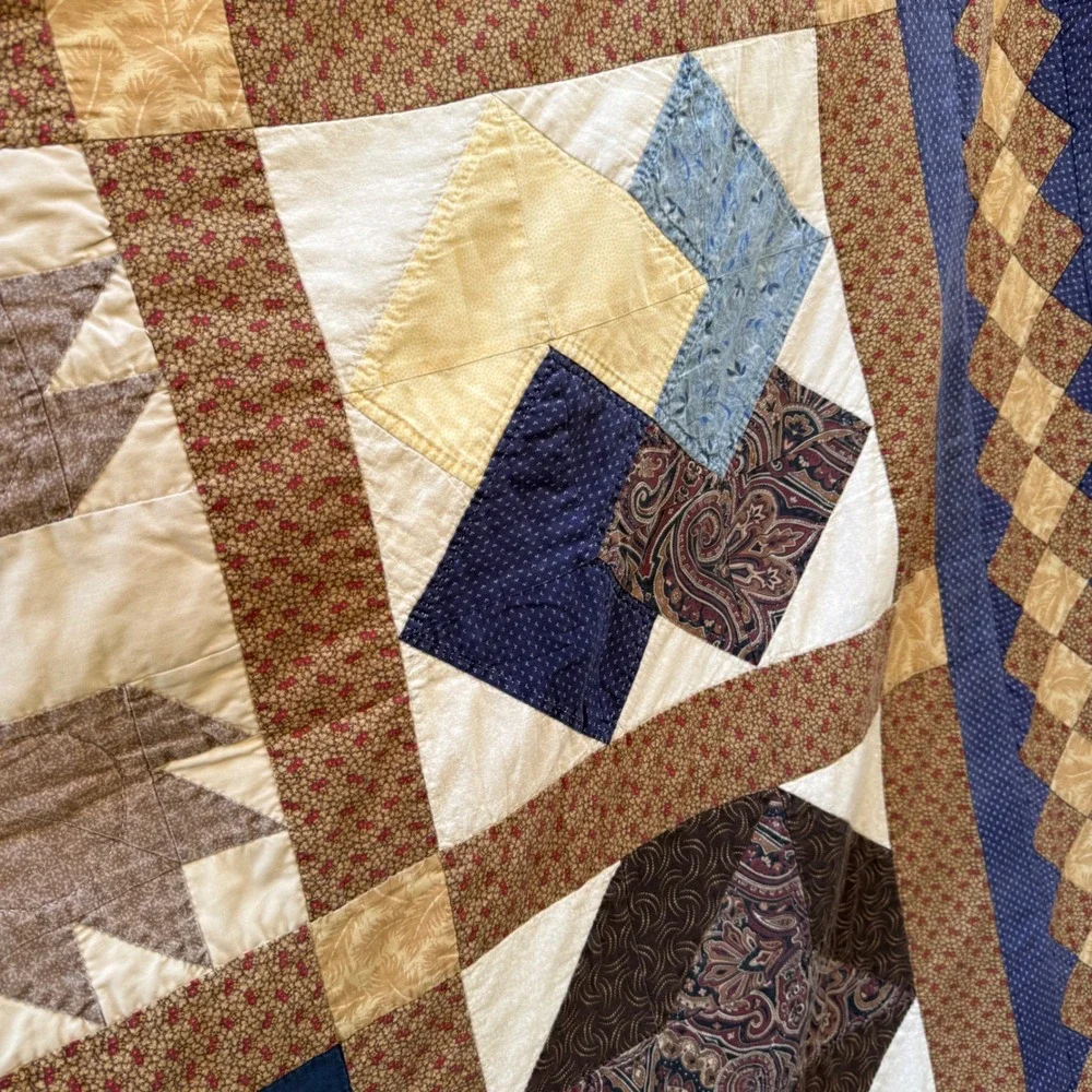 Vintage Patchwork Sampler Quilt Blanket Blue Brown Cotton Star Paisley Americana