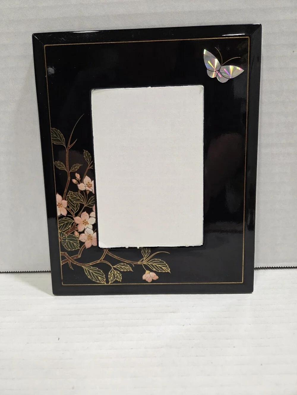 Black Lacquer Vintage Floral And Butterfly Picture Frame