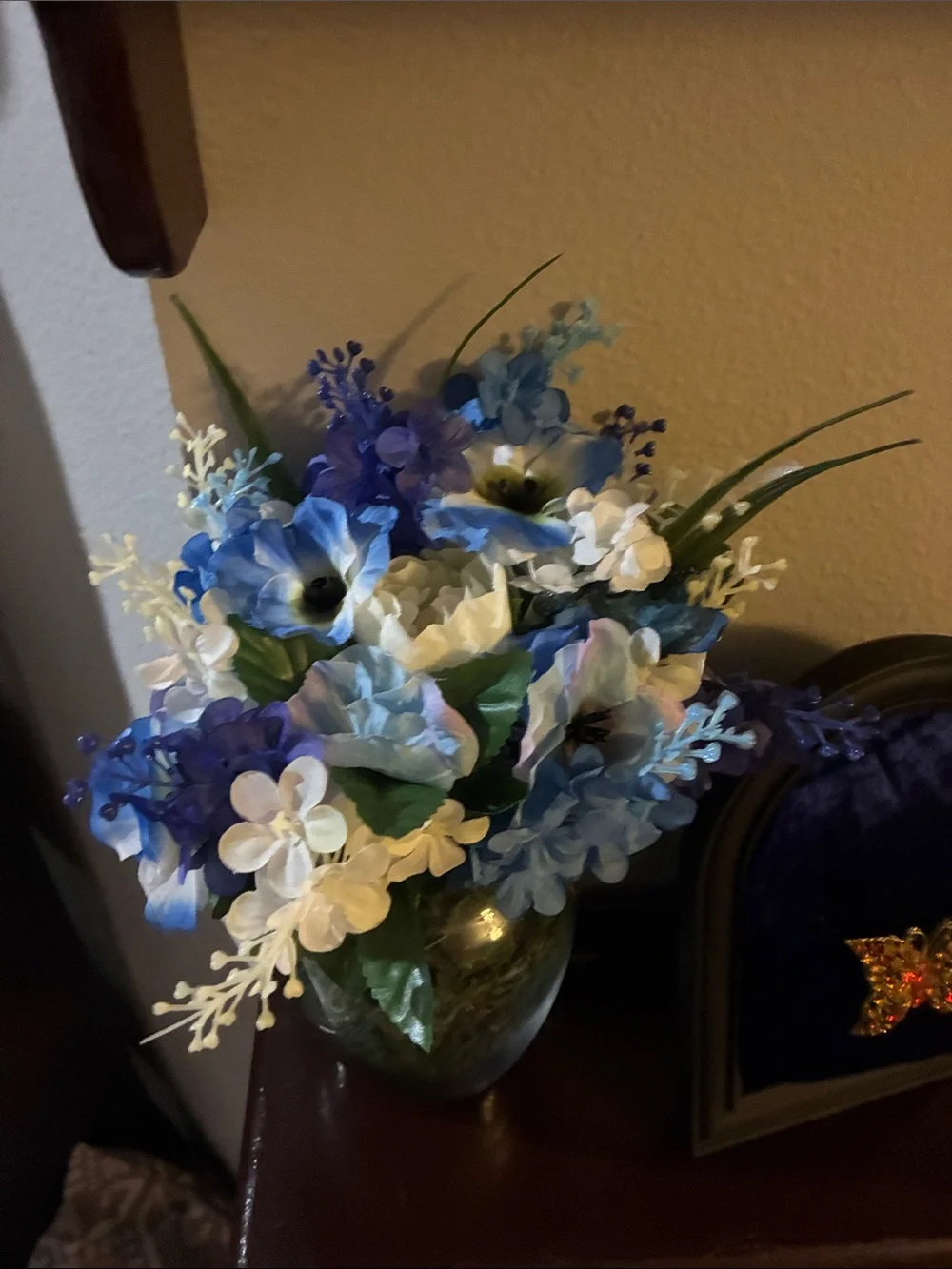 Blue and White Artificial Floral Arrangement in Glass Vase by designsbywildrose