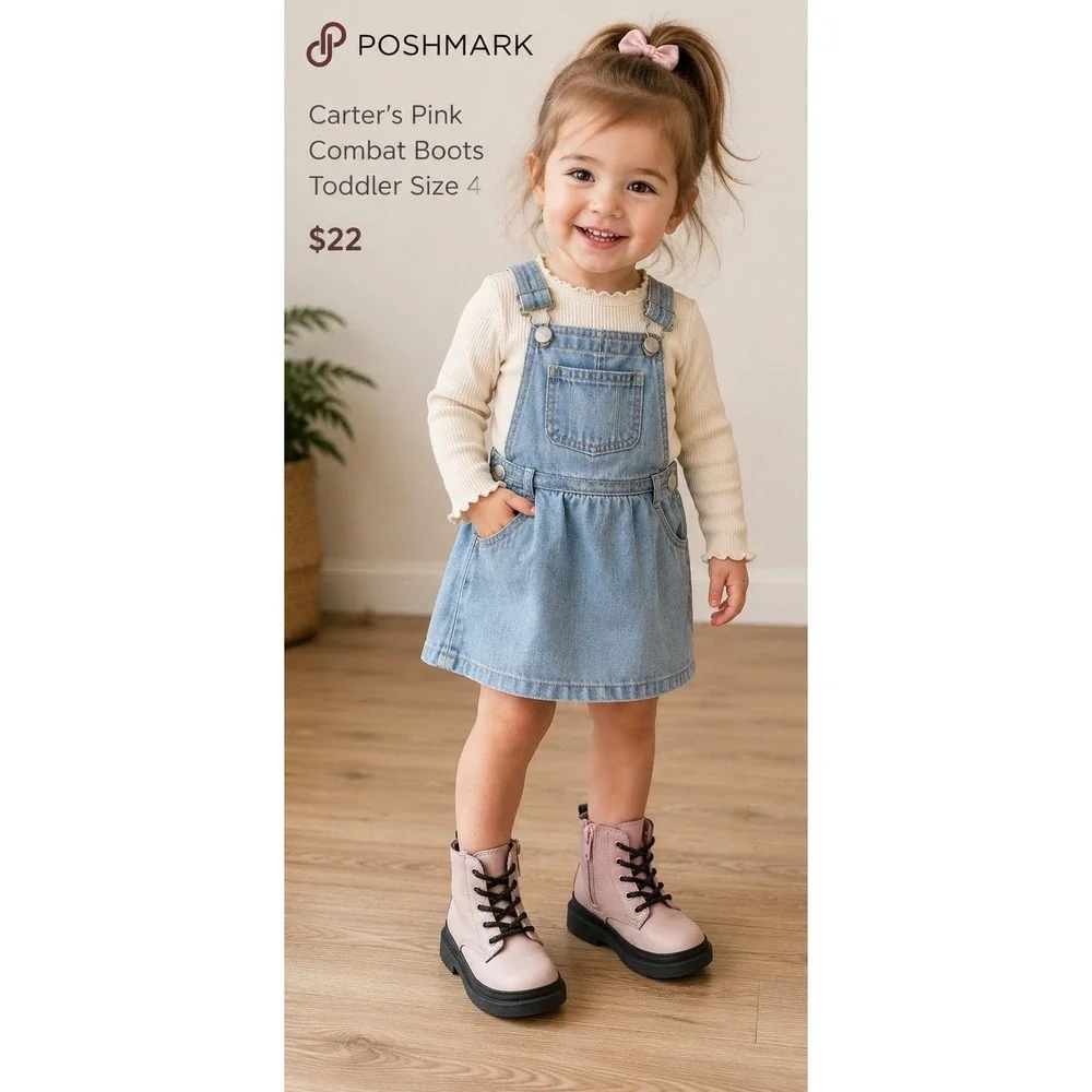 Carter's Pink Combat Boots Toddler Size 4 Girl Zip Up Lug Sole Moto Casual Girly