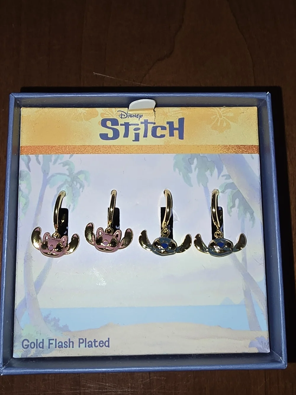 Disney Stitch Gold Flash Plated Pink 💕 and Blue Dangle Earrings Set, New in Box