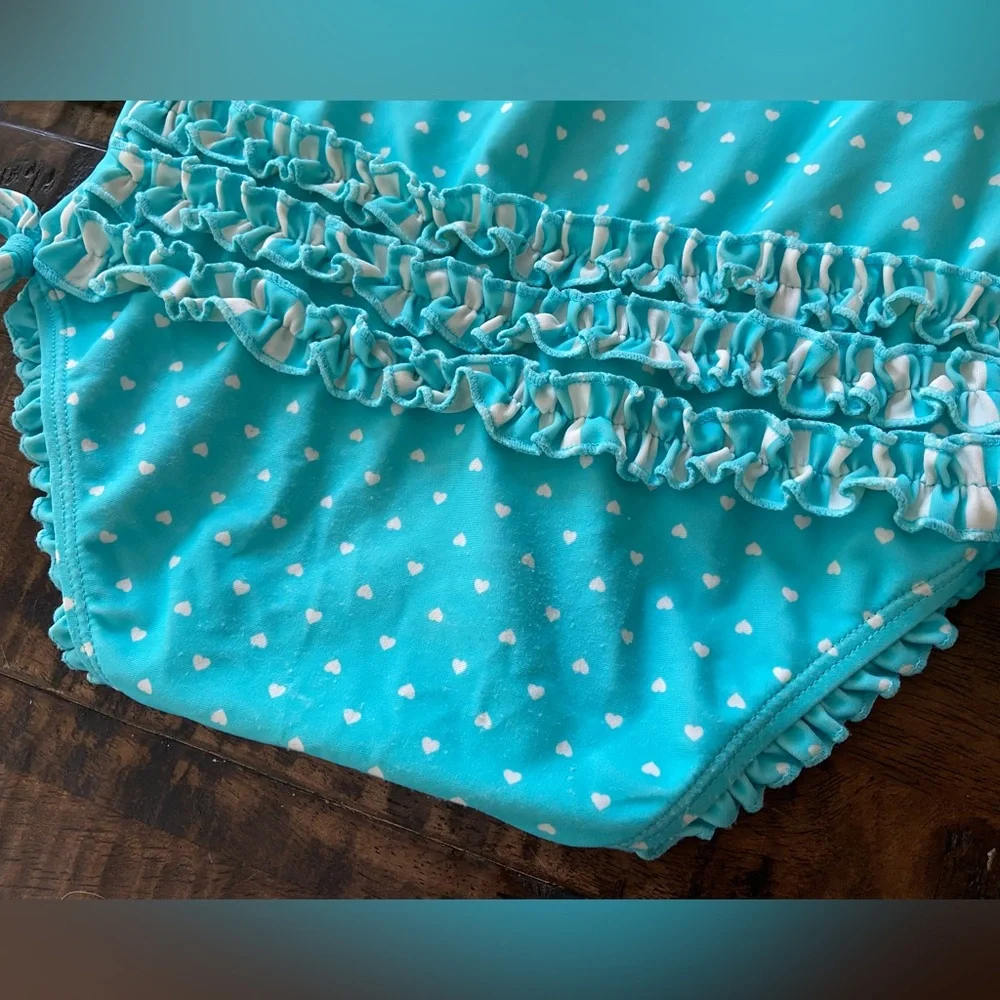 Ruffle Butts Aqua Heart Polka Dot One Piece Rash Guard Swimsuit size 3T