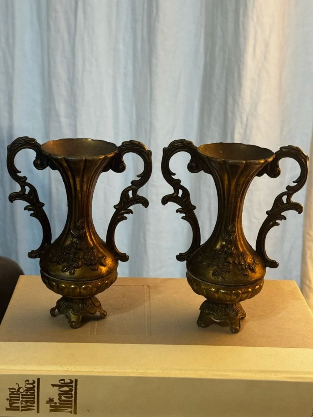 Vintage Italian Brass Bud Vase Renaissance-style Floral Dual Handles Ornate Set