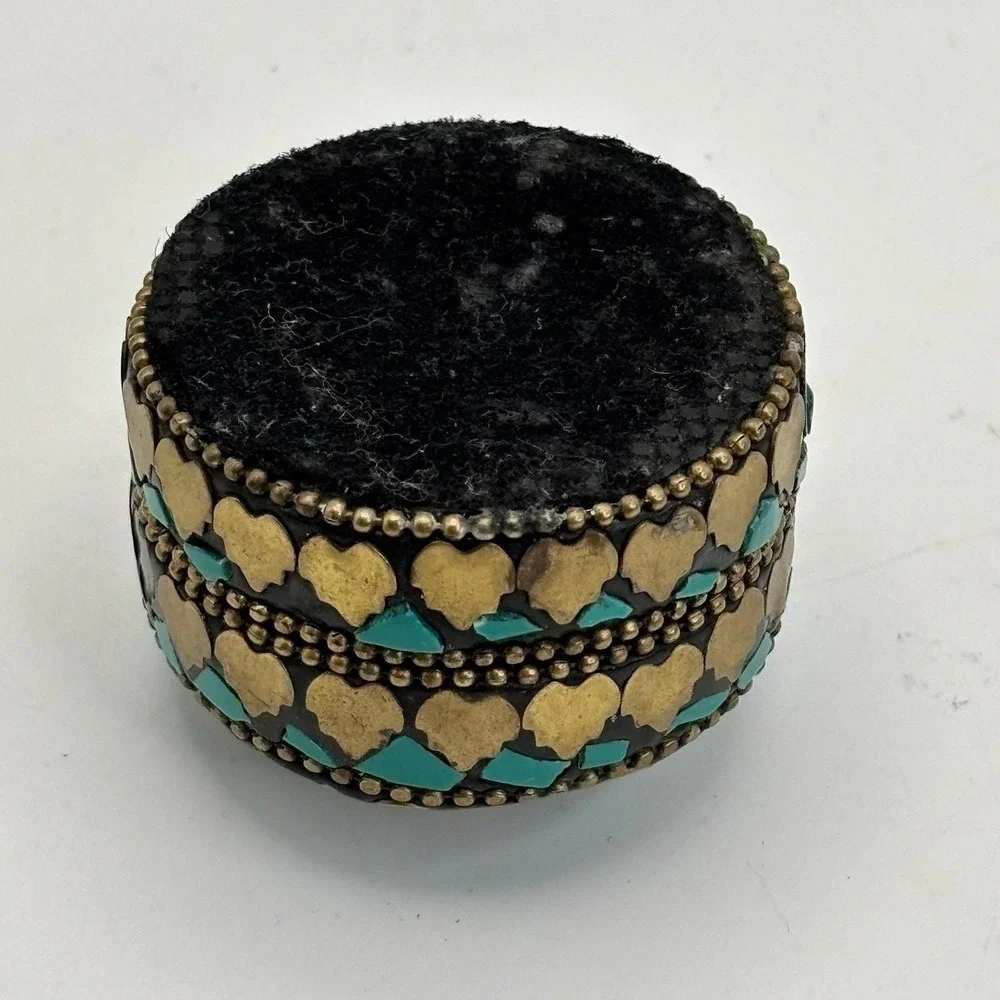 Vintage Trinket Box Turquoise Coral - Tibetan Style Brass Filagree‎ Hand Crafted