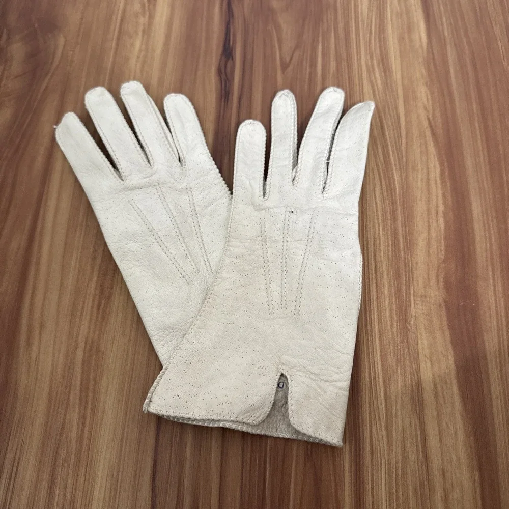 VTG Deerskin Soft Leather Gloves Winter White Cream Sz 7 Washable Top‎ Stitching