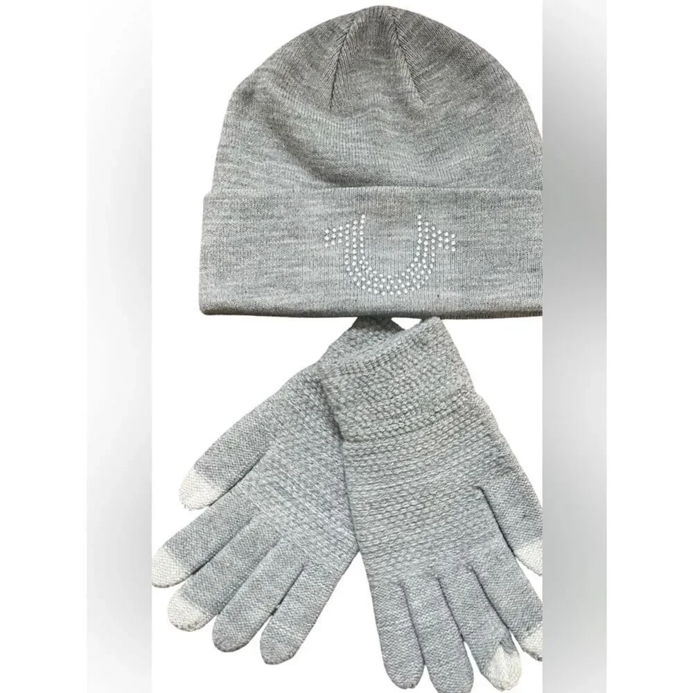 True Religion Gray Knit Beanie and matching gloves