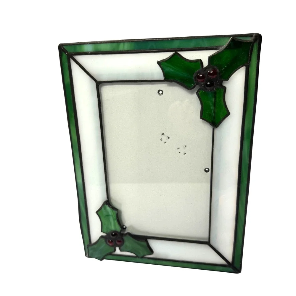 Stained Glass Holly Berry Christmas Picture Frame Green White 5x7 Holiday Winter