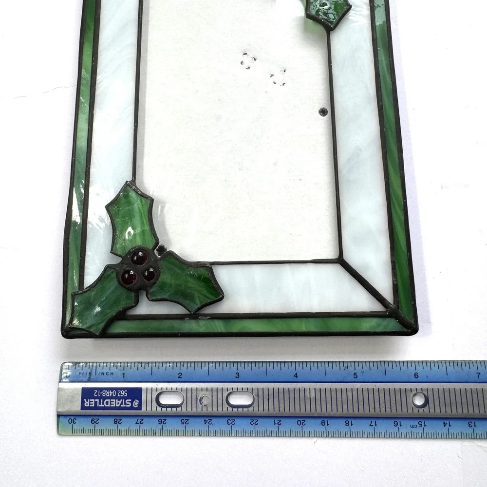 Stained Glass Holly Berry Christmas Picture Frame Green White 5x7 Holiday Winter