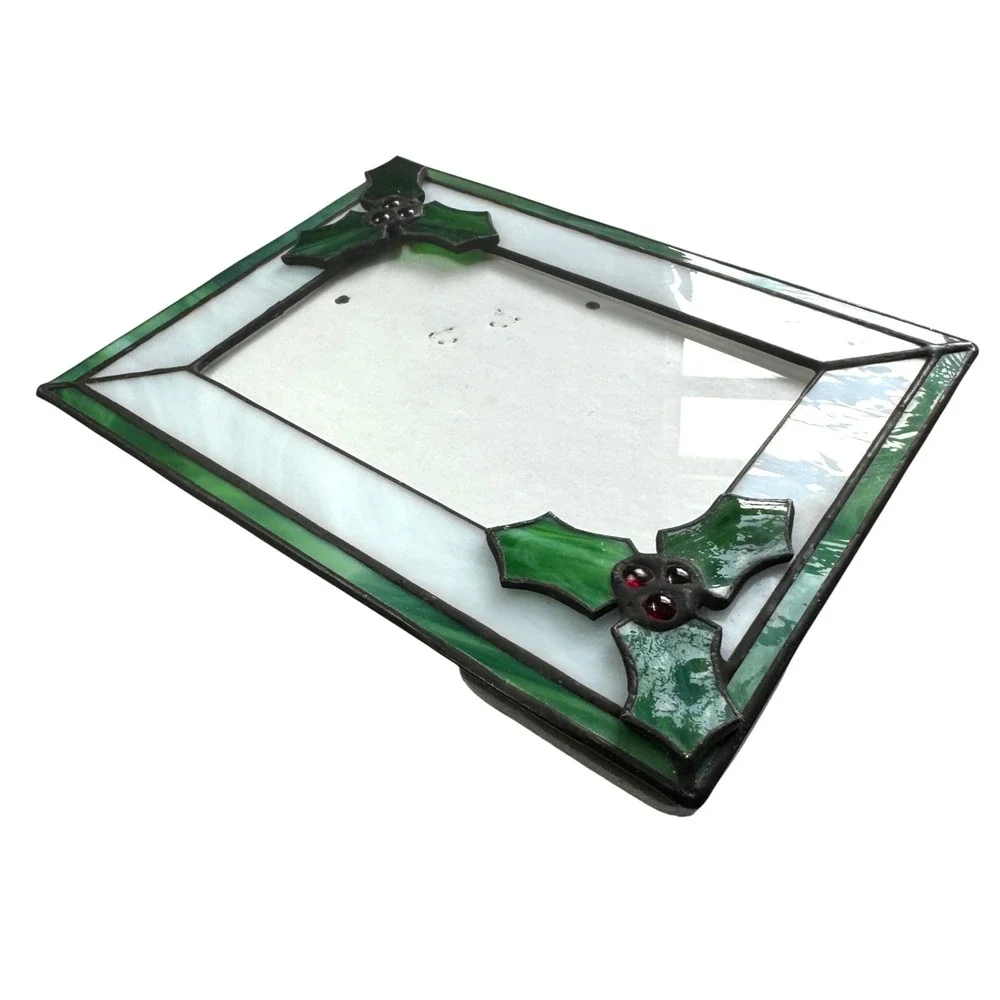 Stained Glass Holly Berry Christmas Picture Frame Green White 5x7 Holiday Winter
