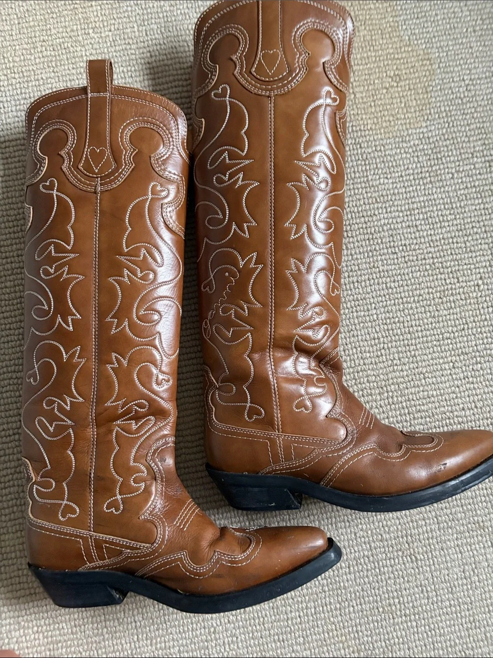 Ganni Tan Embroidered Leather Cowboy Boots
