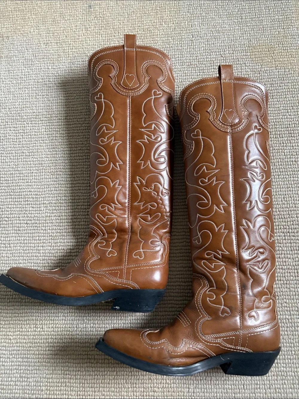 Ganni Tan Embroidered Leather Cowboy Boots