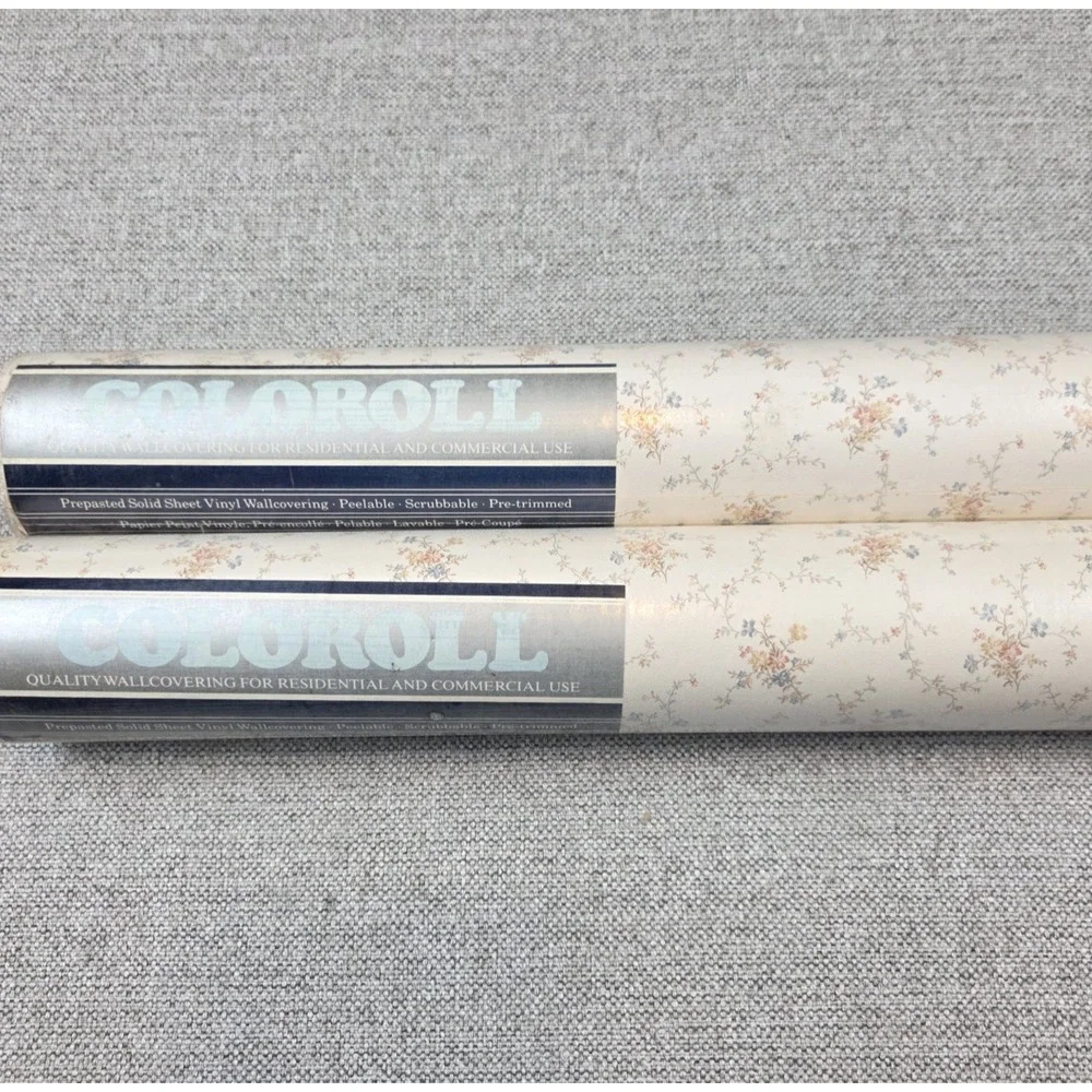 2 Rolls Of Vintage Coloroll Pastel Floral Vinyl Pre-Pasted Wallcovering Slocombe