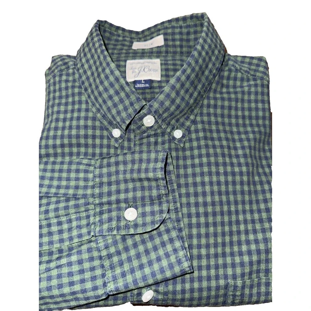 J.Crew Mens Green Navy Gingham Button Down Shirt Cotton Long Sleeve Casual L