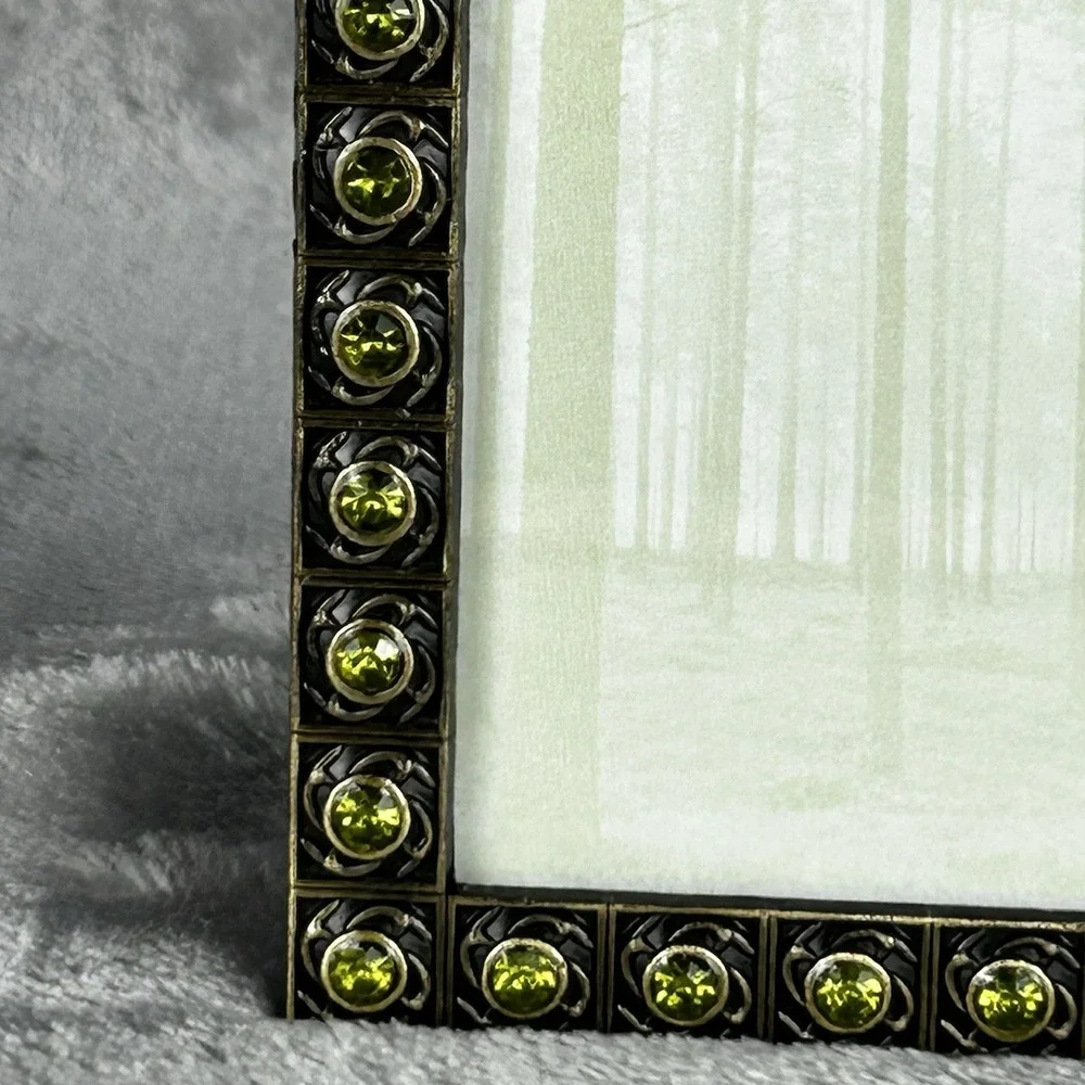 VTG Brass Jeweled Metal Square Frame Green Peridot Colored Rhinestones Boho‎