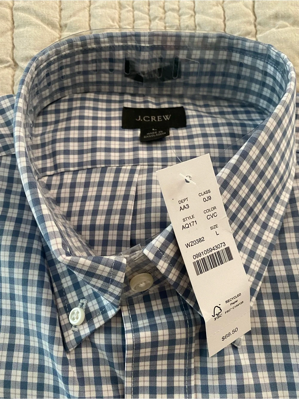 J.Crew Men’s Blue Check Button-Down Dress Shirt - Large - Slim Fit