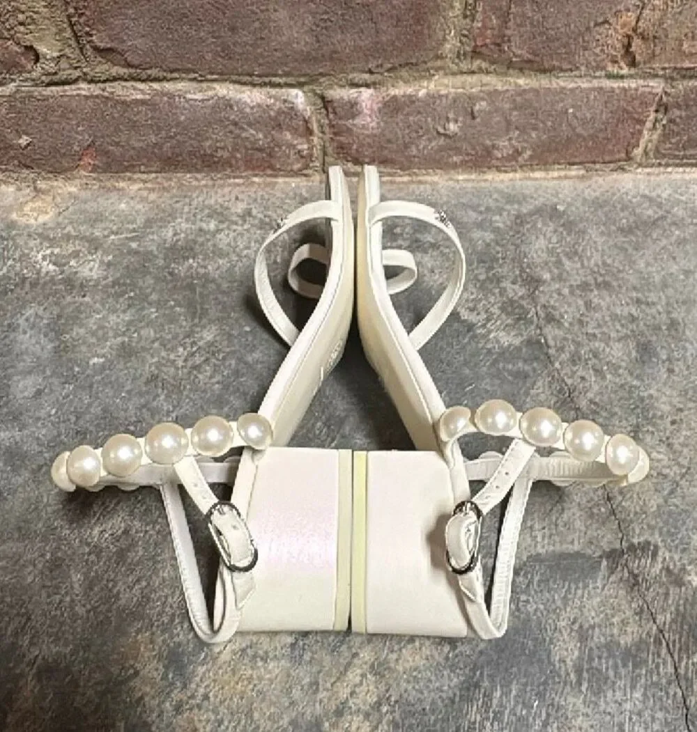 Chanel White Pearl Matte Leather Slingback Block Heel Sandals Size 37 US 7