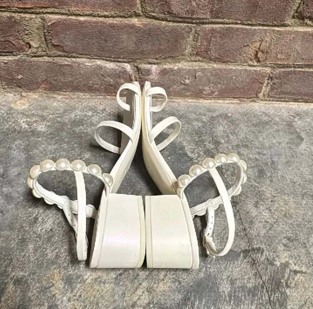 Chanel White Pearl Matte Leather Slingback Block Heel Sandals Size 37 US 7