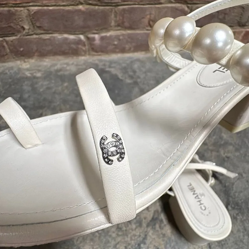 Chanel White Pearl Matte Leather Slingback Block Heel Sandals Size 37 US 7