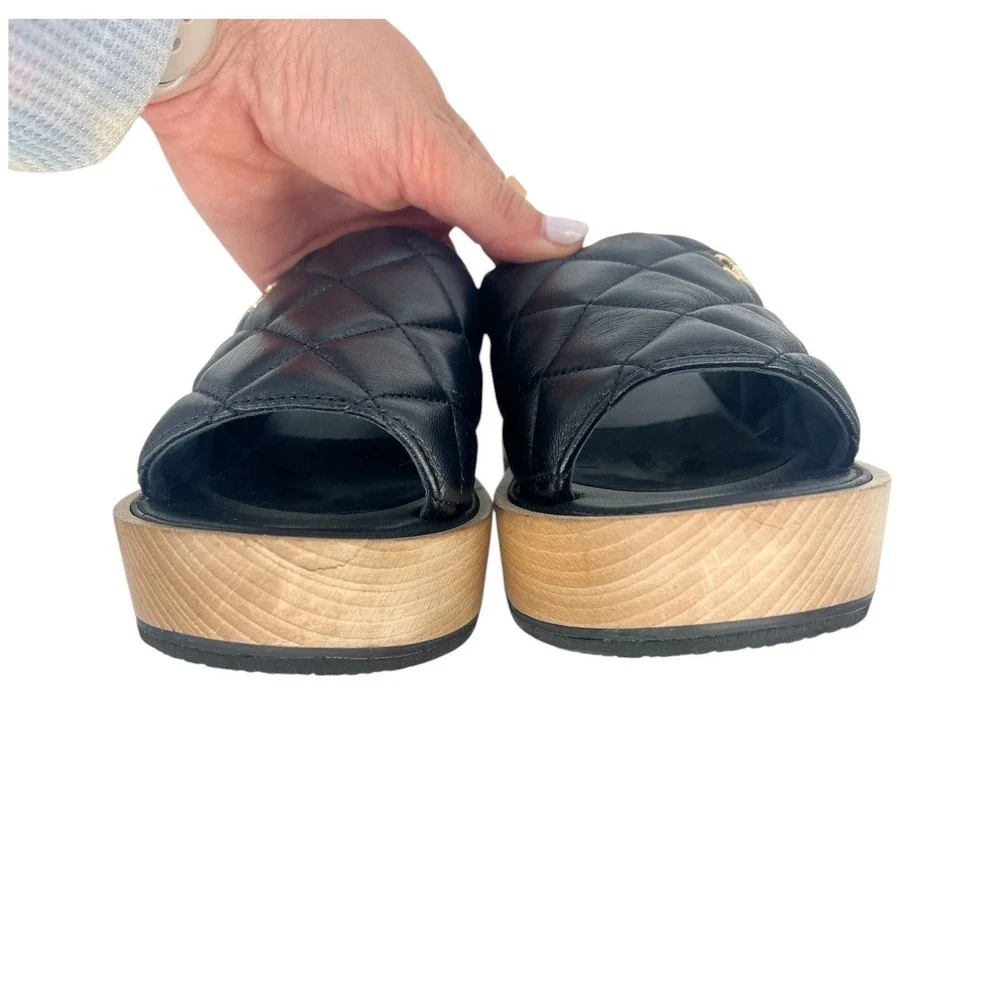 Chanel 2022 Cruise Quilted CC Platform Slide Sandals Black Size 40