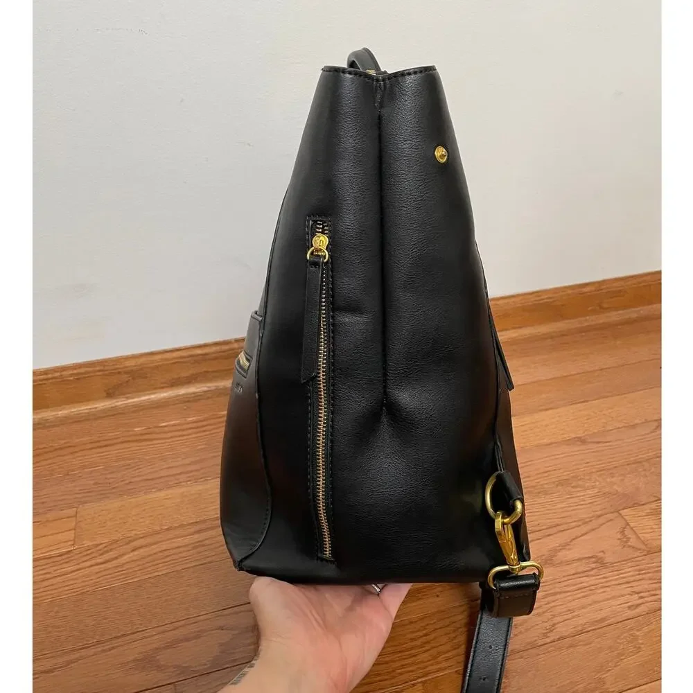 FAWN Square Backpack Diaper Bag Black Faux Leather Gold Tone Hardware