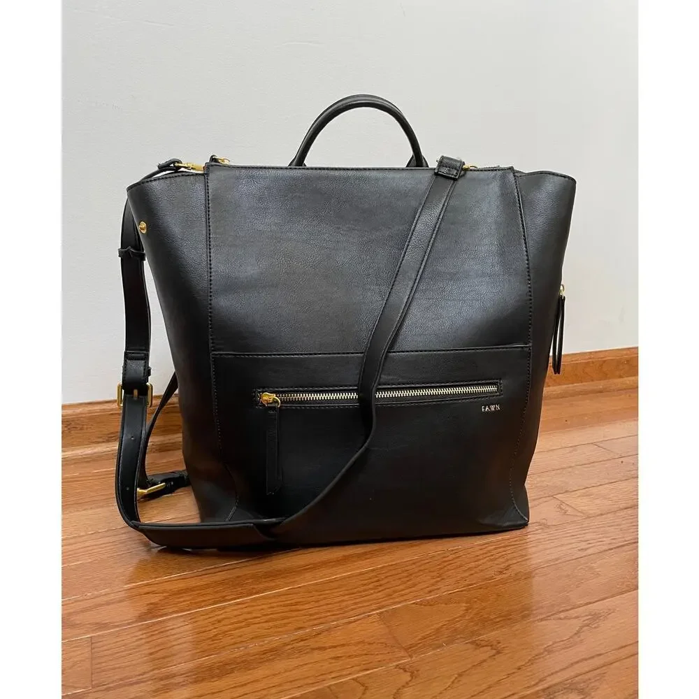 FAWN Square Backpack Diaper Bag Black Faux Leather Gold Tone Hardware