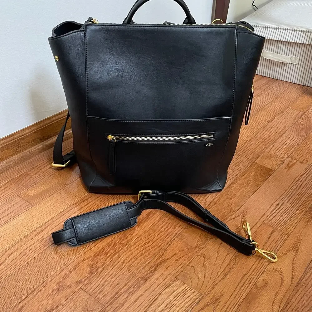 FAWN Square Backpack Diaper Bag Black Faux Leather Gold Tone Hardware