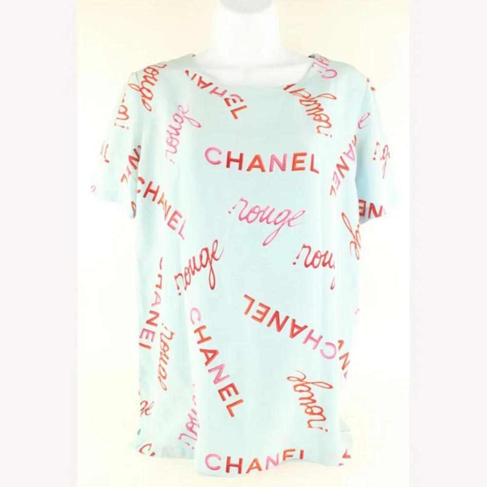 Chanel Size 38 96P Rouge Coco All Over Blue Silk Top Blouse Shirt 69cc614s
