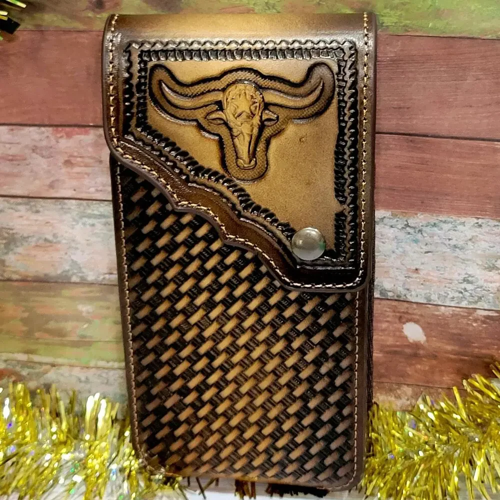 Longhorn Leather Phone Holstor With Belt Clip LARGE 7x4