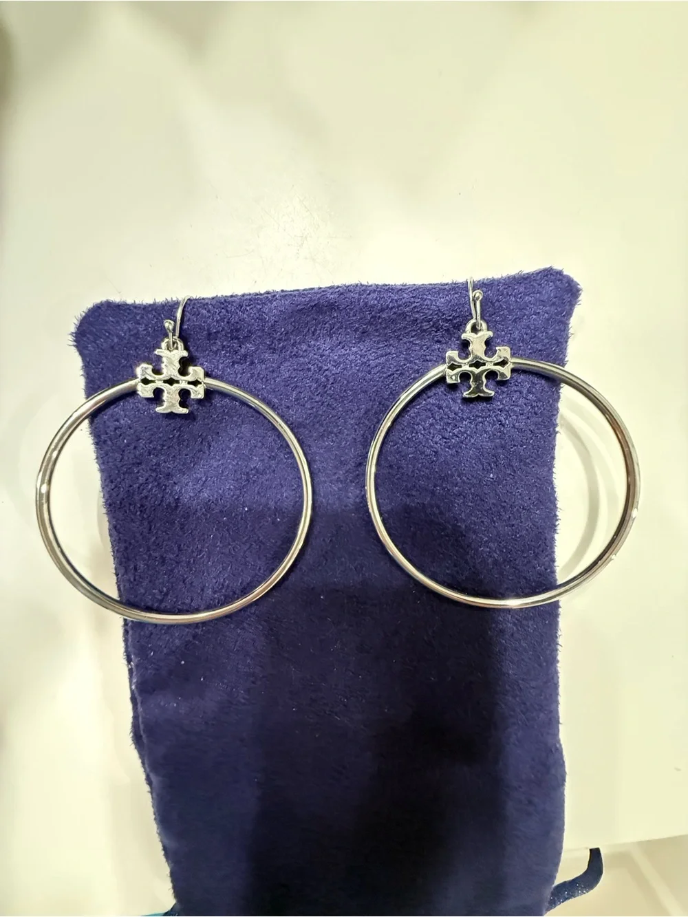 Tory Burch Silver Hoop Earrings with Logo Charm