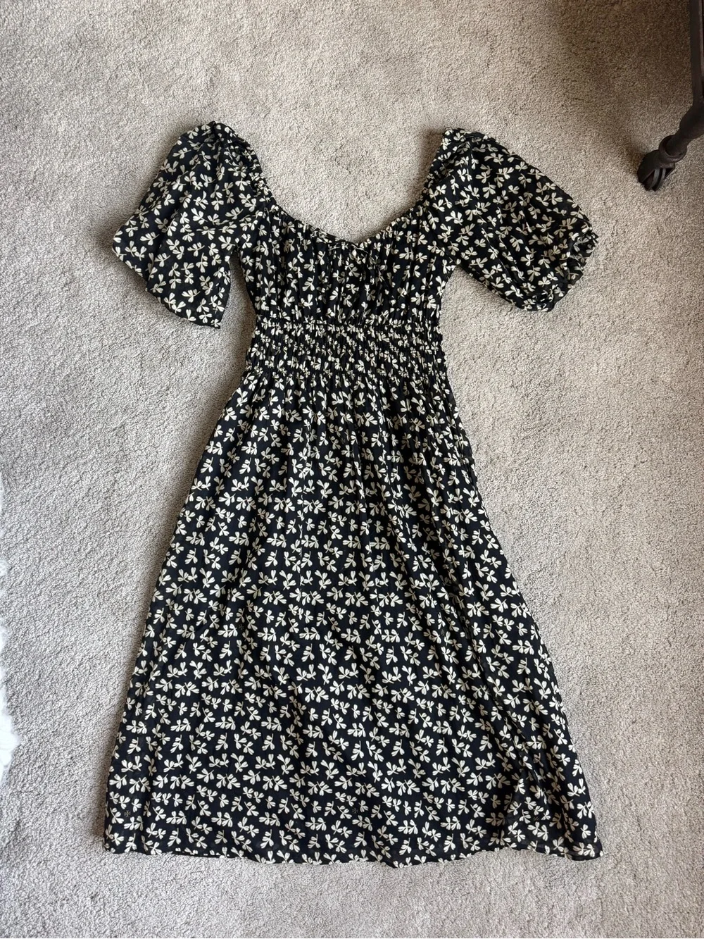 Tory Burch Black Midi Dress with Cream Floral Print, Size Small