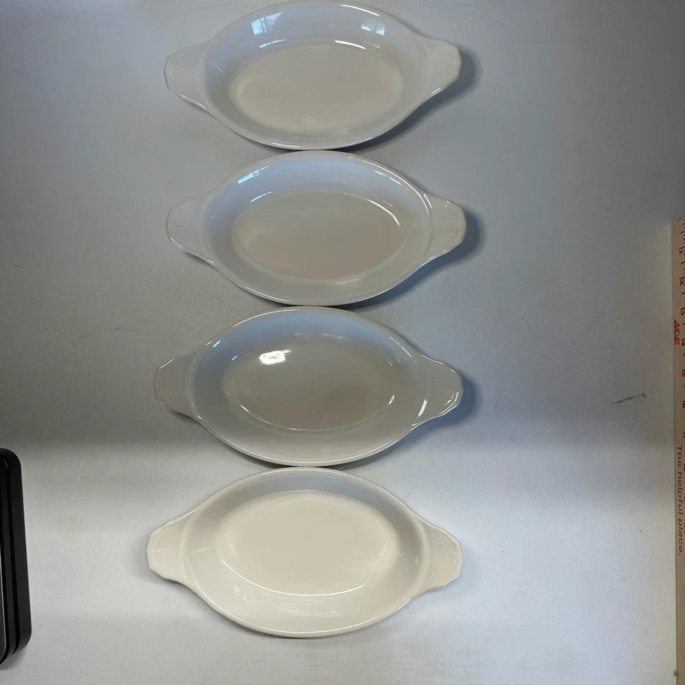 Vintage Set of 4 Bel-Terr USA 9528 White Stoneware Oval Au Gratin Baking Dishes
