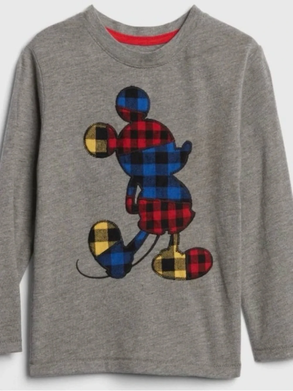 GAP Grey Long-Sleeve Tee with Plaid Disney Mickey Mouse in Red, Blue & Yellow
