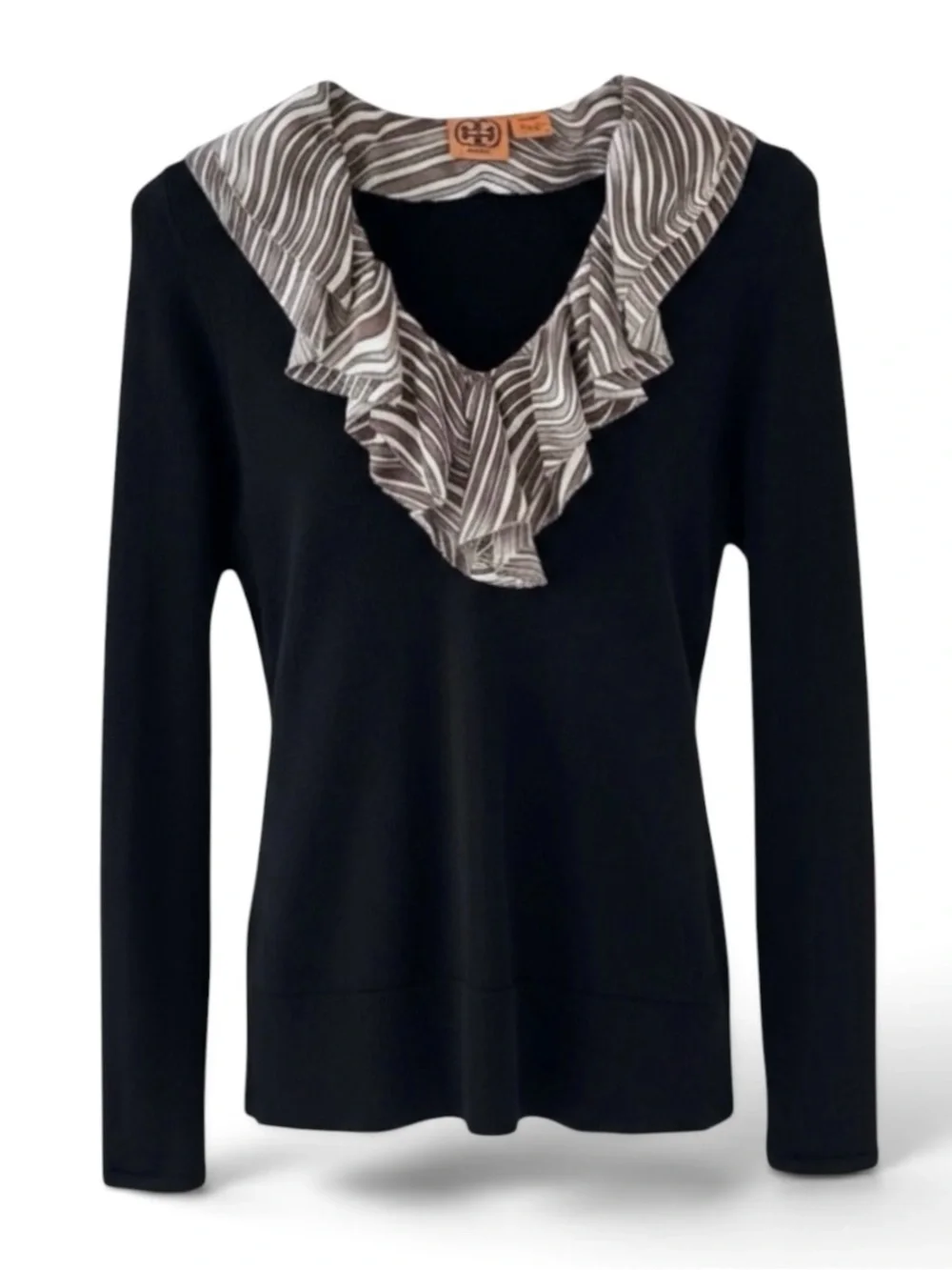 Tory Burch Black 3 in 1 V-Neck Wool Knit Sweater with Removable Collar & Cuffs