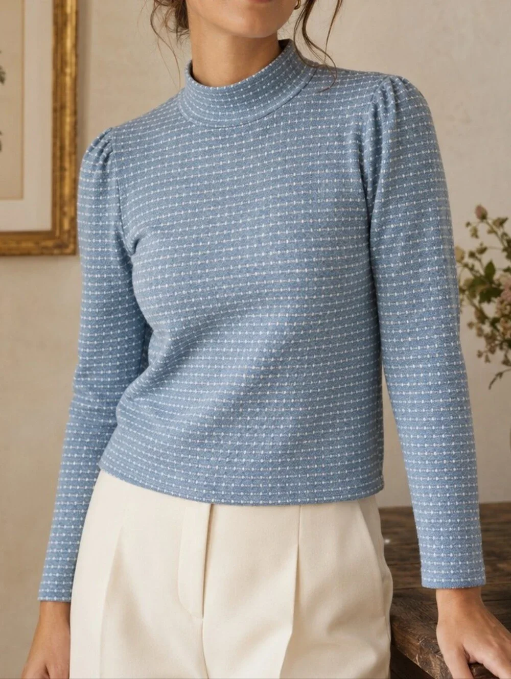 Madewell Puff Sleeve Mockneck Sweater Top XS Blue White Coastal Preppy Feminine