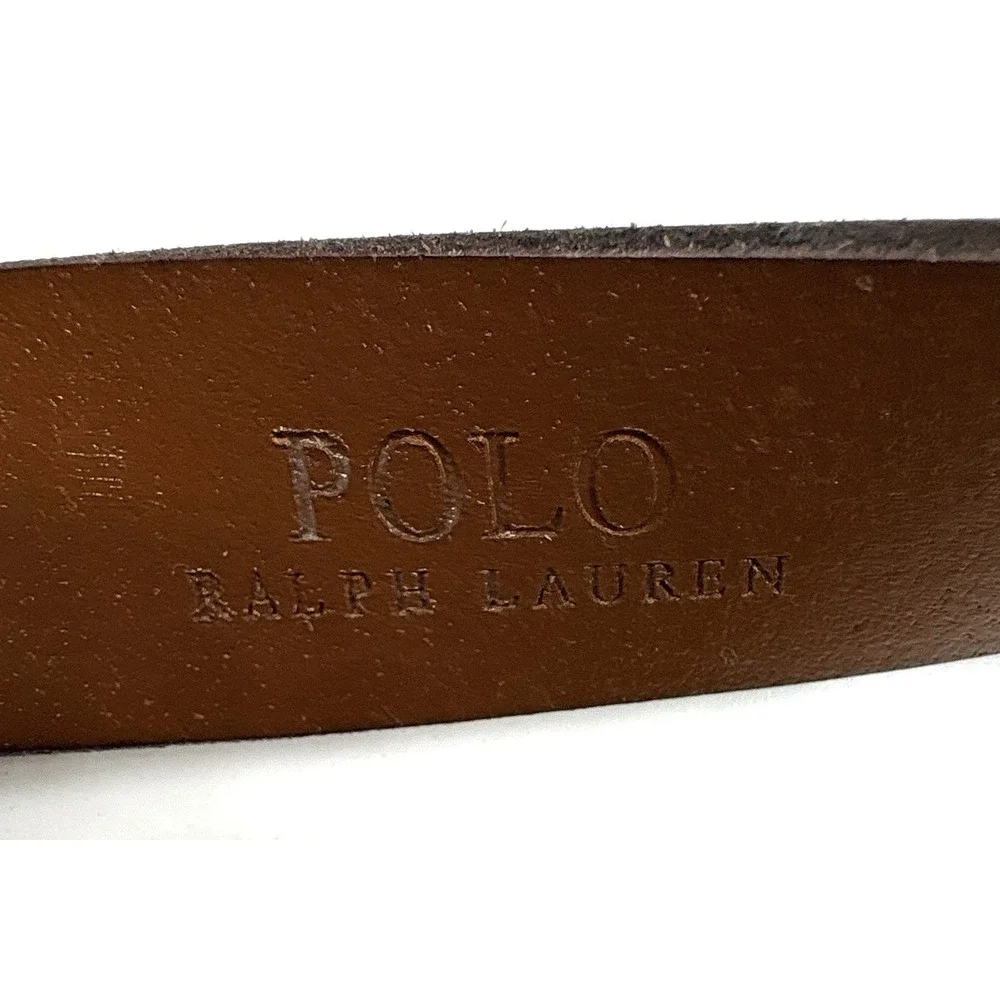 Polo Ralph Lauren Brown Leather Belt Brass Nameplate Plaque Buckle Men's 38