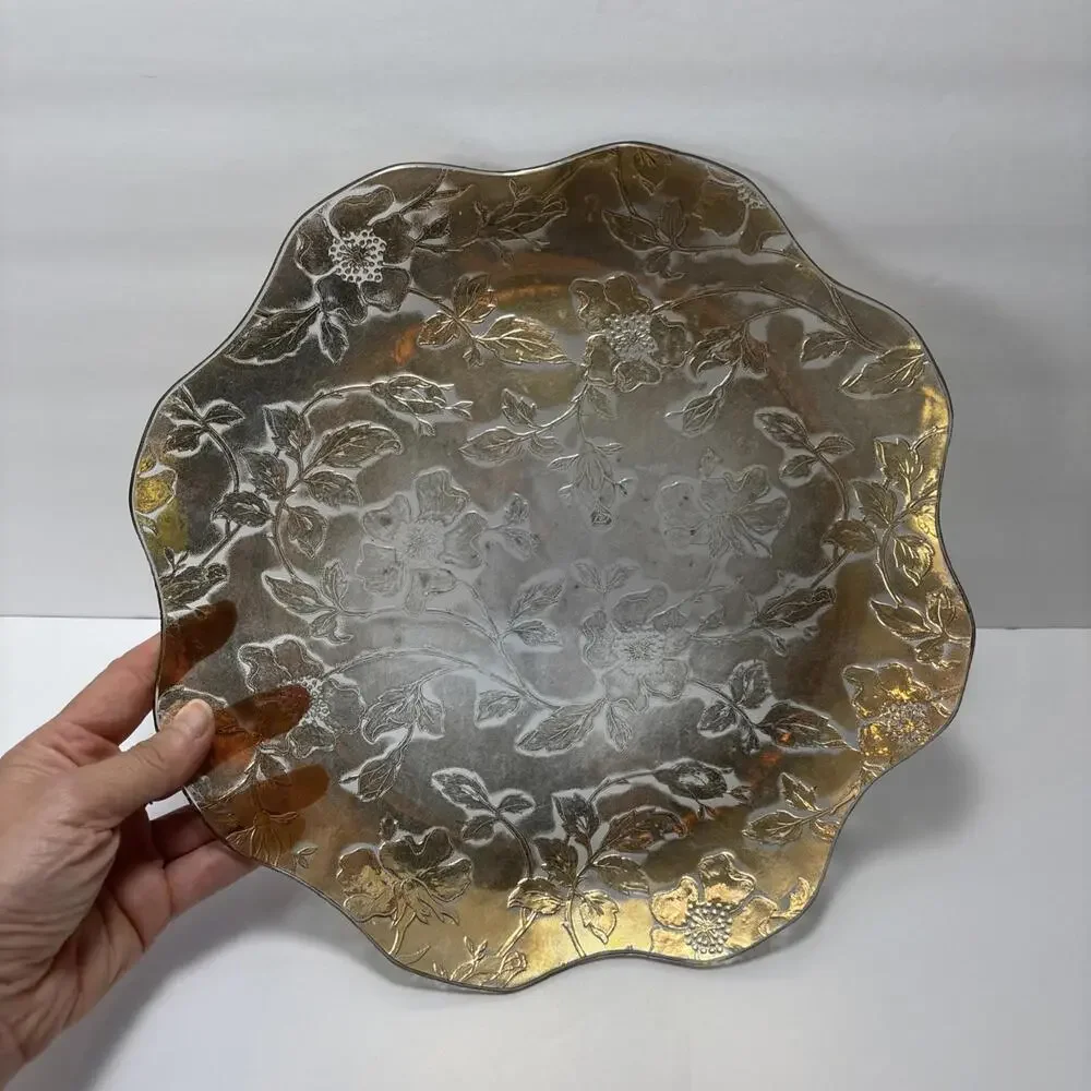 Vintage Etched Glass Plate 11” Gold Floral Scalloped Edge Mid-Century