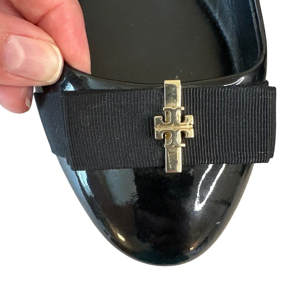 Tory Burch Trudy Patent Leather Ballet Flats Black Bow Logo Size 8.5