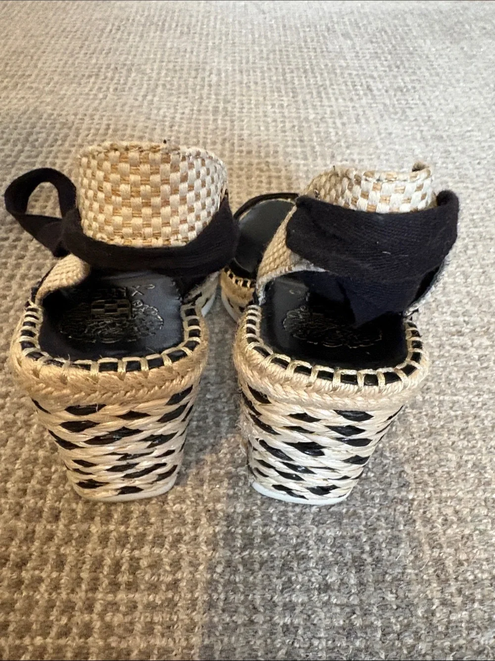 Vince Camuto- Black and Tan Woven Espadrille Wedge Sandals Ankle Ties size 6 1/2