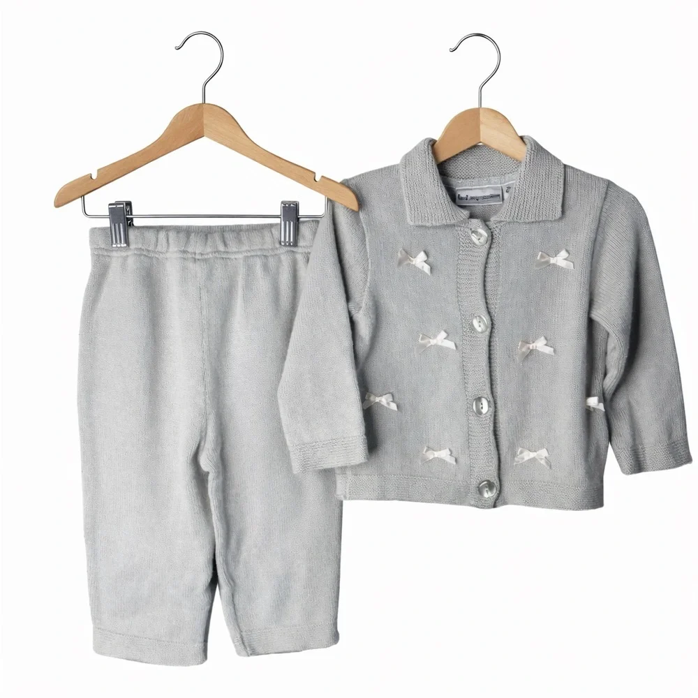 Vintage First Impressions Knit Set 18M Gray Bow Cardigan Pants Baby Outfit